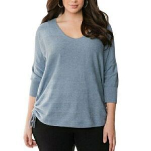 Lane Bryant Knit Top V-neck 34 Dolman Sleeve Drawstring Ruched Cotton Blue 14/16